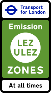 ULEZ Transport for London Road sign denoting the area is within the London Low Emission Zone and Ultra Low Emission ZOne at all times.