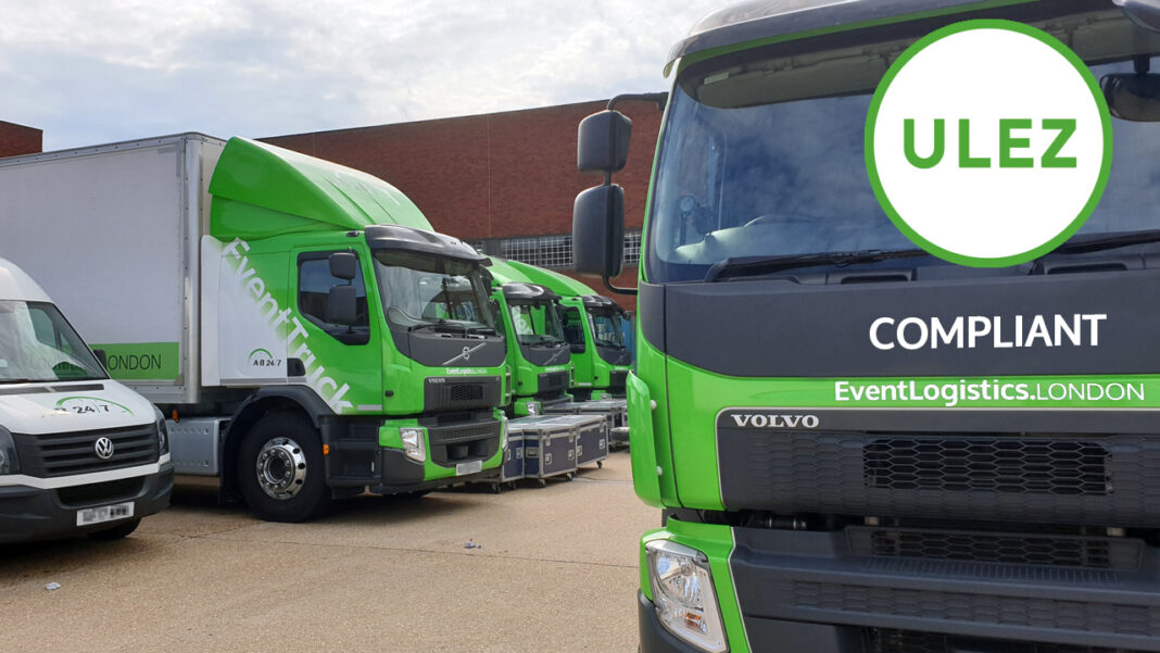 Photo of A-B 24/7 Event Transport Trucks and Vans with graphics to note their fleet are all Ultra Low Emission Zone (ULEZ) compliant